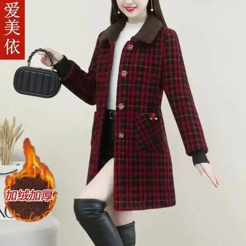 

Клетчатая куртка со встроенной плюшевой подкладкой, пальто средней длины для женщин, осень и зима 2023, новая модная плотная пальто из арктической норки для женщин R