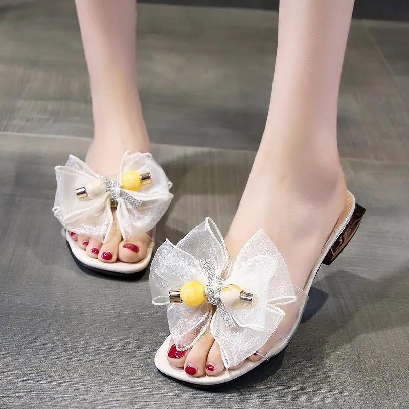 

Fashion Sexy Ladies Slippers Bow Knot Summer String Bead Transparent Slippers Women Shoes Woman Mules Mid Heels Slides