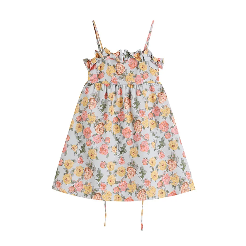 

Women Summer Casual Chiffon Dresses Female Loose Thin High Waist Bow Print Floral Spaghetti Strap Mini Dress Vestidos