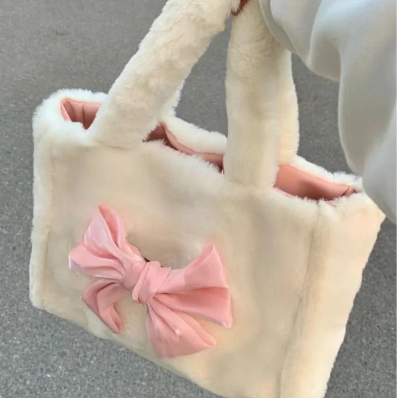 

Kawaii Lolita Women Shoulder Bag Cute Soft White Plush Handbag Large Capacity Sweet Fashion Designer Exquisite Tote Bag