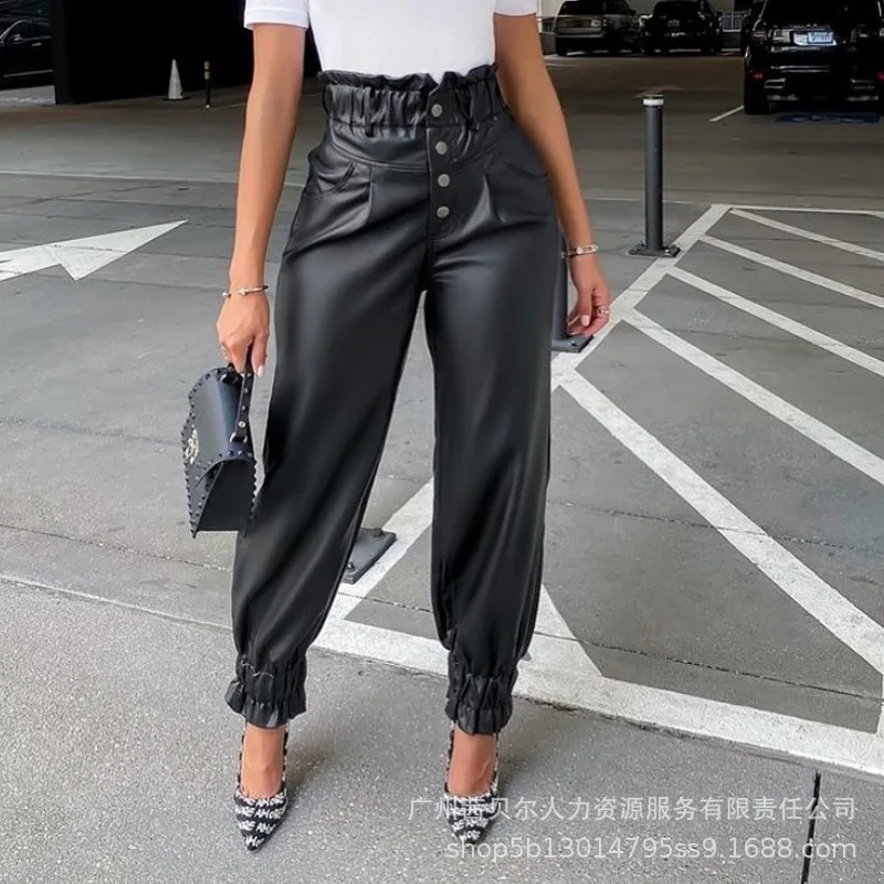 Women Black Ankle Length Pants High Waist Solid Color Elastic Fashion Casual Spring Summer New Pants Trousers