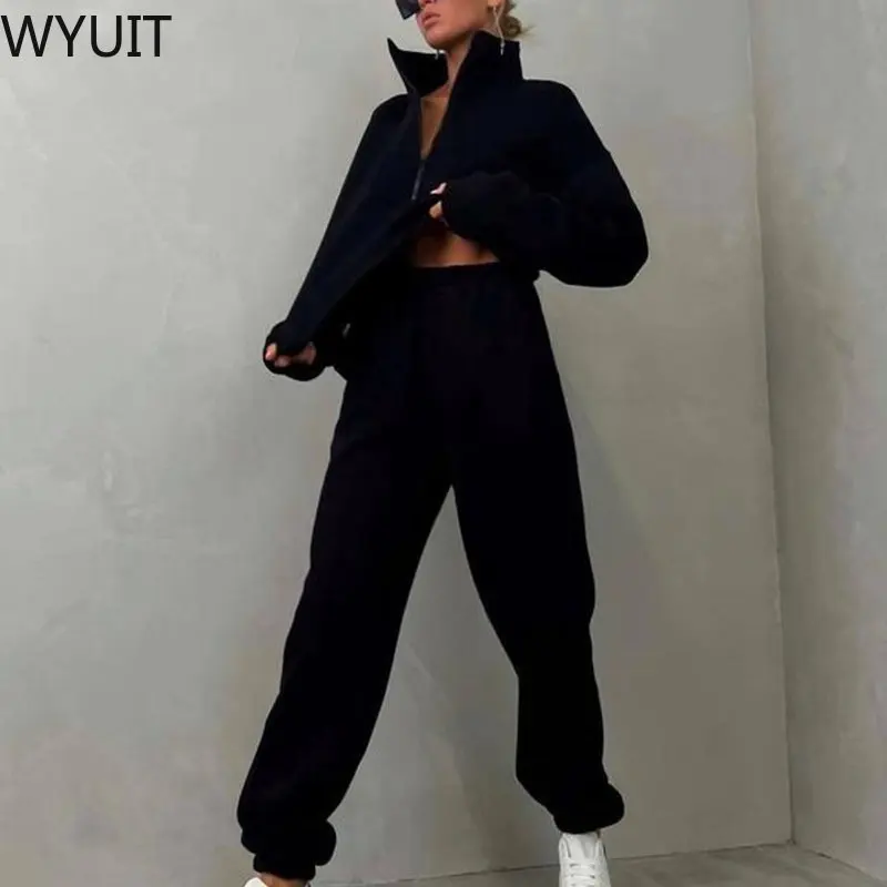 

Autumn Winter New Hot Sale Lady Sport Sets Fashion Zipper Stand Collar Long Sleeve Pullover Streetwear Casual Pants 2 Piece Sets