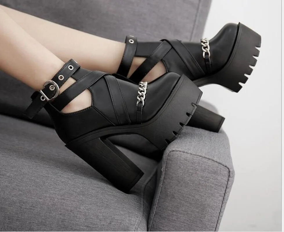 

Miaoguan Spring 2022 Trend New Sexy High Heels Fashion Ankle Boots for Women High Heels Buckle Chain Thick Heel Platform Shoes
