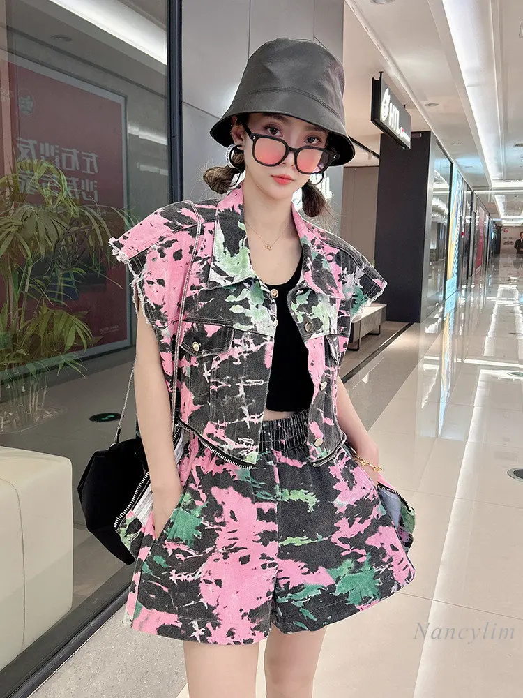 

Printed Denim Vest Suit Women's Two-Piece Suits Loose Summer Outfits High Sense Turn Collar Sleeveless Coat + Shorts 2023