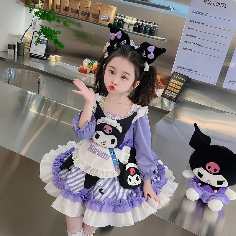 Фото Платье для девочек Kuromi Sanrio: Новая осенняя коллекция, мультяшный дизайн, аниме-персонаж, модная юбка в стиле Лолита, детская одежда из хлопка, кавайный стиль №2