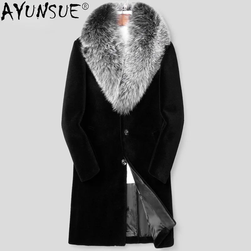

100% Sheep Shearing Jacket Men Winter Real Fox Fur Collar Coat Male Long Warm Korean Wool Jackets Manteau Homme SQQ770