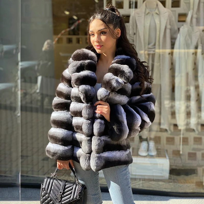 Lapel Thicken Natural Chinchilla Fur Coat Women Fashion Casual Outertwear Strip Sewed Cozy Real Rex Rabbit Fur Jacket Female enlarge