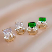 2022 new luxury square zirconia stud earring for women green white cz crystal flower studs earring fashion girl party jewelry