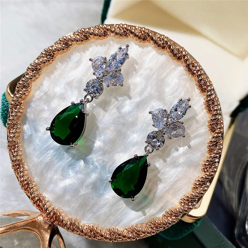 

Light Luxury Fashion Green Drop-shaped Bridal Earrings Wedding White Zirconia Elegant Cocktail Party Ear Jewelry Girlfriend Gift