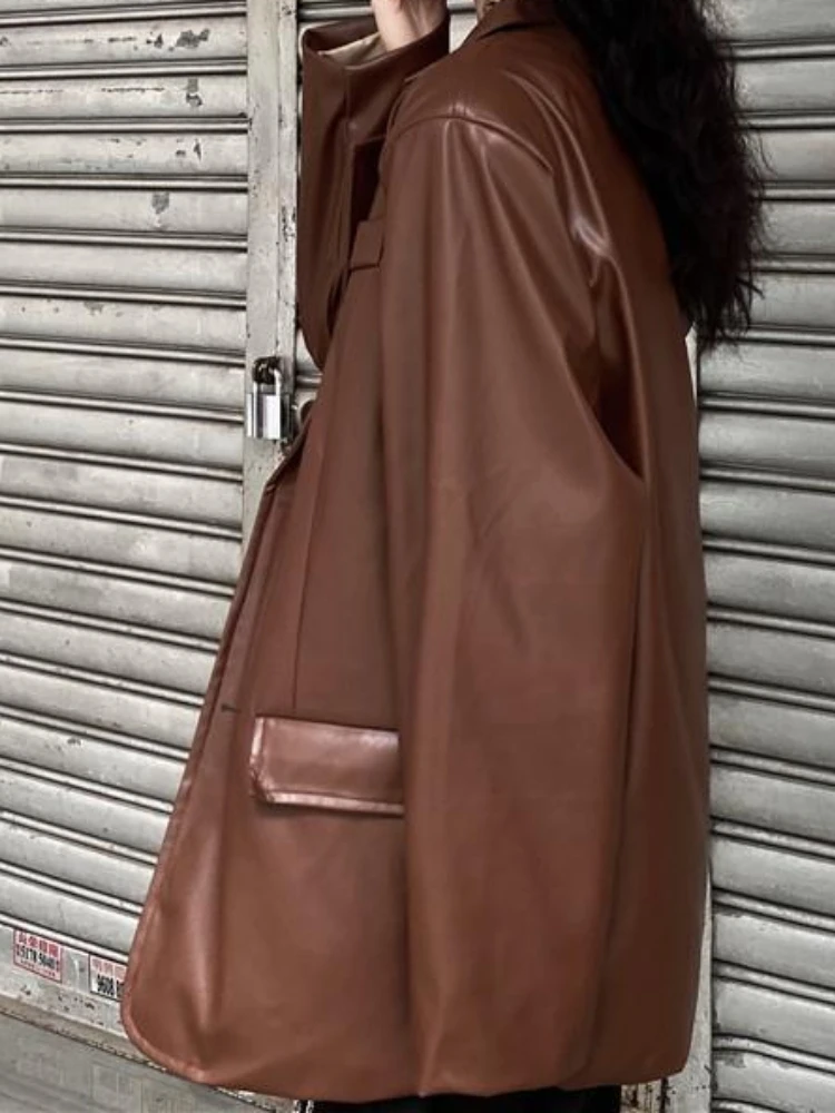 Leather coat Women's Spring and Autumn Korean version ins Vintage black top Suit Loose casual jacket Overlay