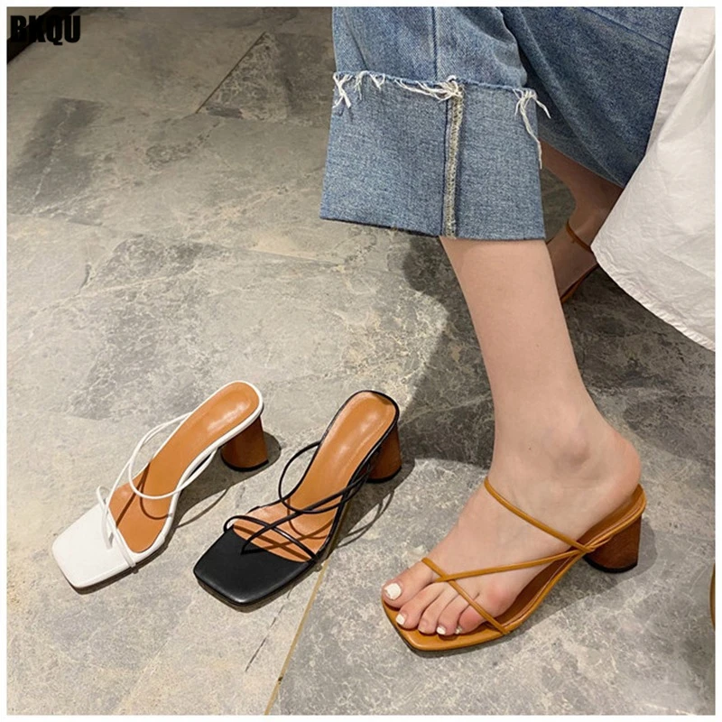 

2022 Summer Women Clip Toe Slippers Narrow Band Elegant Thin Heels Shoes Woman Square Toe Party Slides Ladies Outdoor Pumps