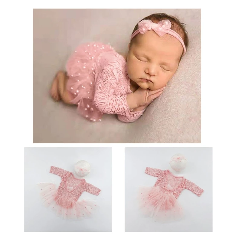 

Infant Photograph Outfit Headband & Tulle Tutu Dress & Romper Photo Clothes Baby Photoshoot Clothing Newborn Shower Gift