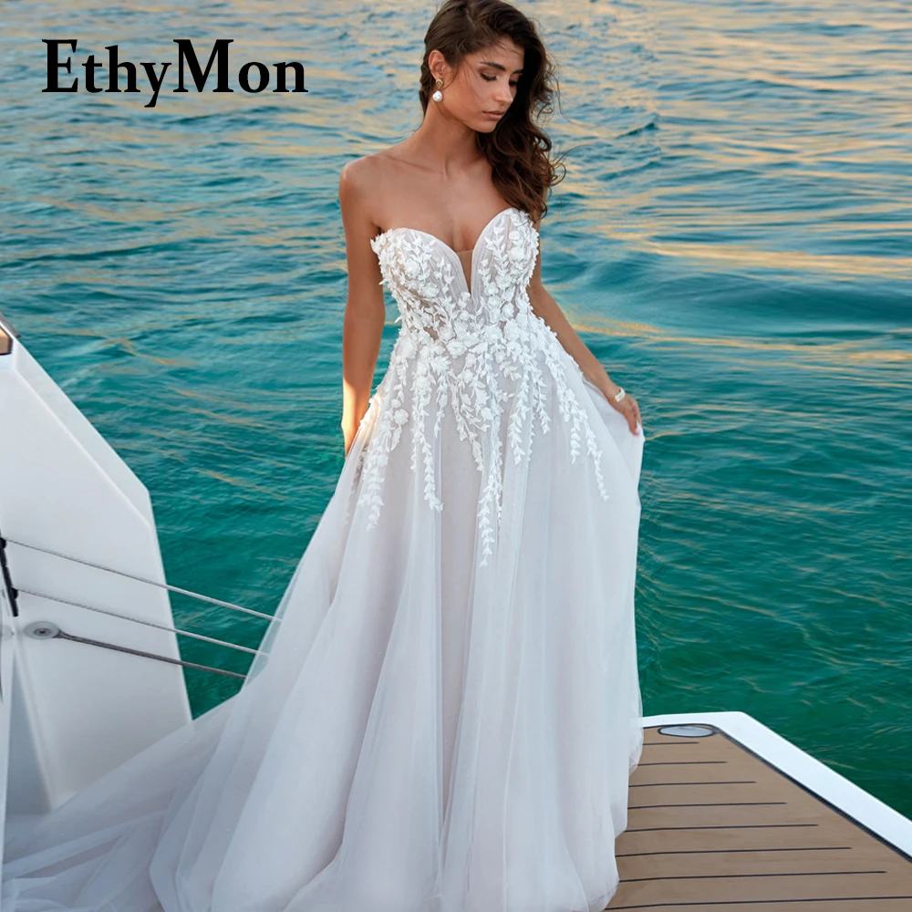 

Ethymon Modern A-line Wedding Gown For Bride Sweetheart Lace Appliques Sequined Beads Court Train Robe De Mariée Custom Made