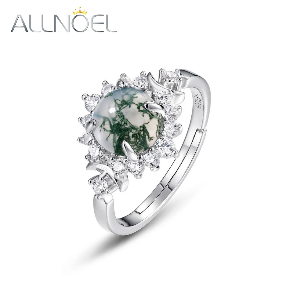 

ALLNOEL Natural 7*7mm Green Moss Agate 925 Sterling Silver Rings For Women Sparkling Gemstone Luxury Wedding Gifts Fine Jewelry