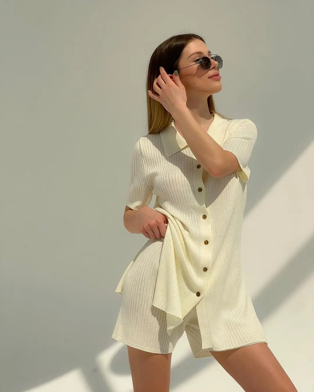 

Summer Knitted Two Pieces Set Solid Color Sweater Suit Soft Basic Casual Turn-down Collar Minimalist Sport Tracksuit Yoga Set