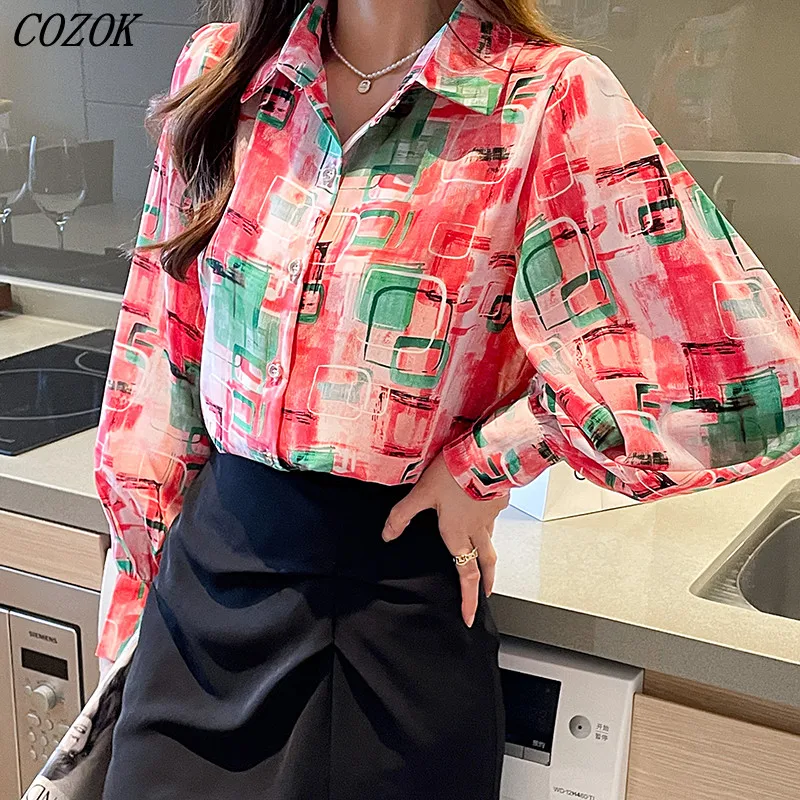 

2023 Autumn Modis Print Blouse Women Casual Office Loose Chic Holiday Blouse Long Sleeve Vintage Elegant Ladies Blouses
