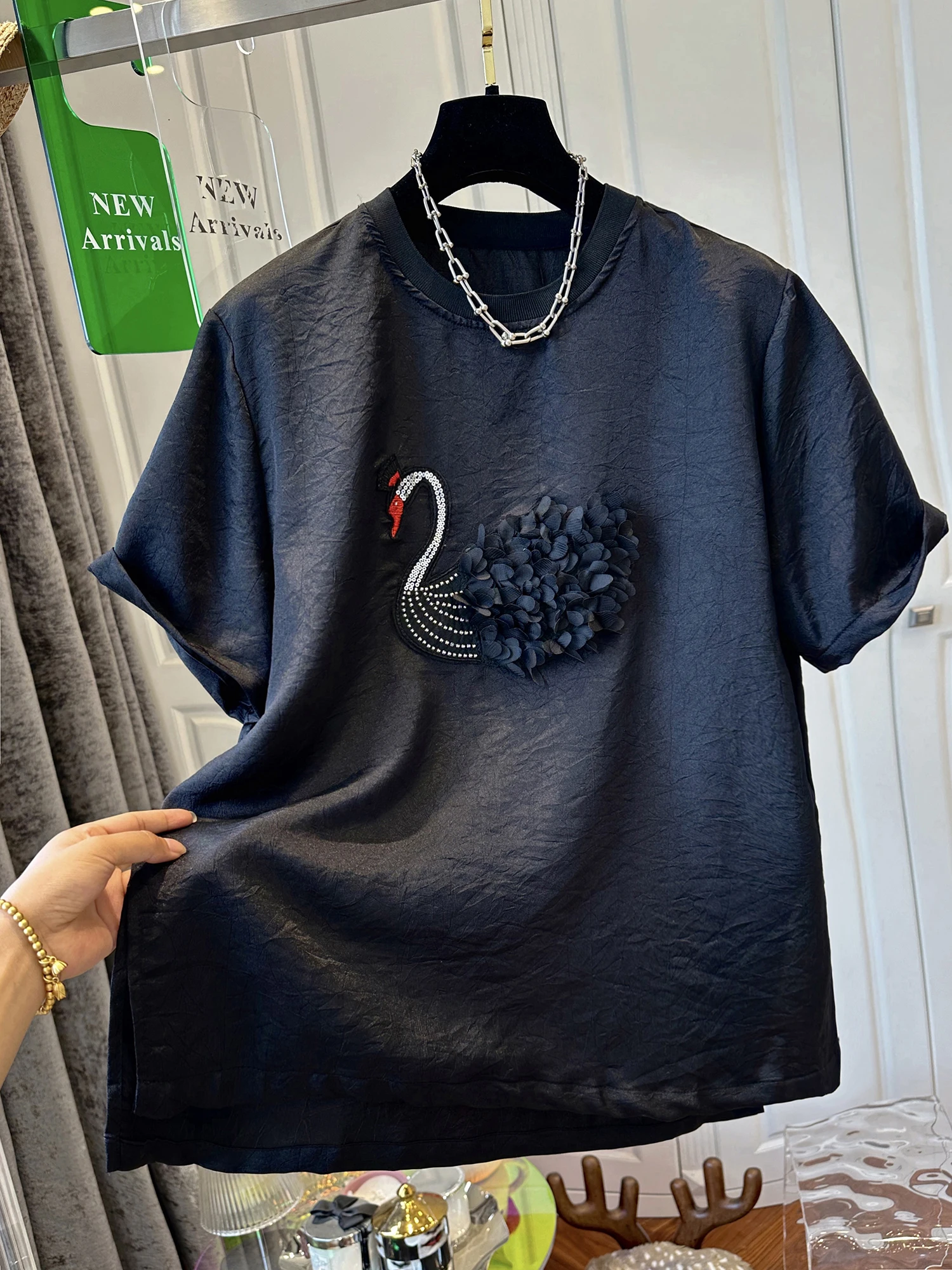 KMI Высококачественная блестящая вышитая ацетатная атласная шифоновая рубашка с