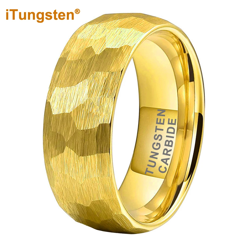 

iTungsten 6mm 8mm Men Women Gold Hammered Tungsten Carbide Ring Engagement Wedding Band Trendy Jewelry Domed Comfort Fit
