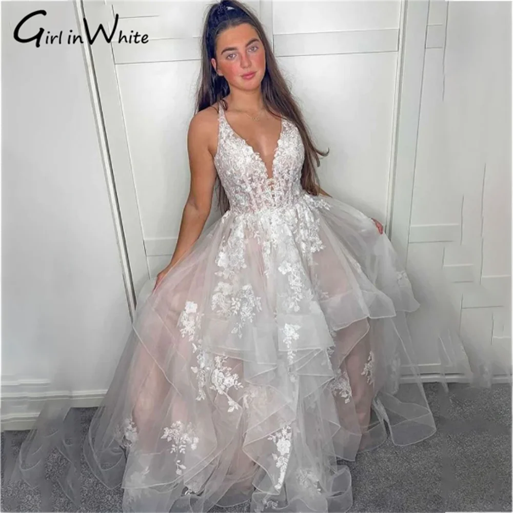 Купи Sexy Halter A Line Tiered Wedding Dress For Women Lace Appliques Wedding Gown Pleated Backless Dress For Bride vestidos de novia за 5,880 рублей в магазине AliExpress