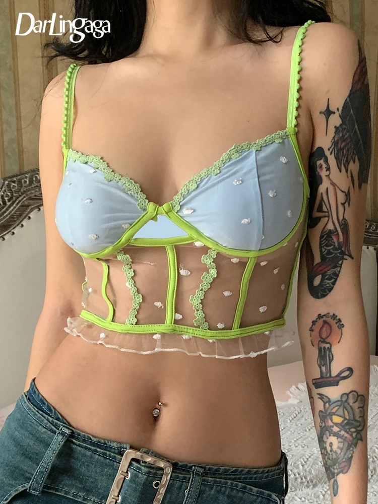 

Darlingaga Y2K Frill Patchwork Strap Skinny Mesh Top Female Fashion Chic See Through Sexy Crop Tops Contrast Color Camis Outfits