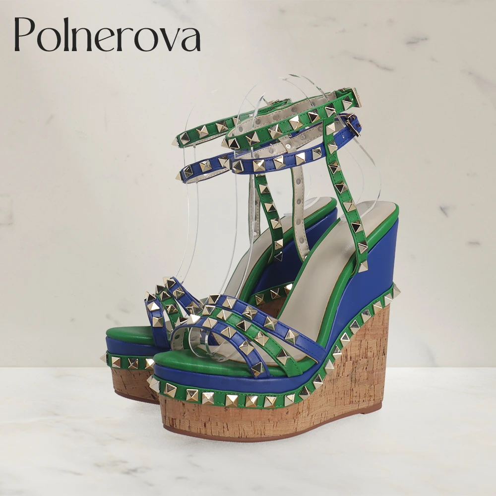Wood Grain Wedge Rivet Sandals Blue Green Leather Buckle Summer Shoes Punk Fashion Style High Heels Platform Sandals for Women