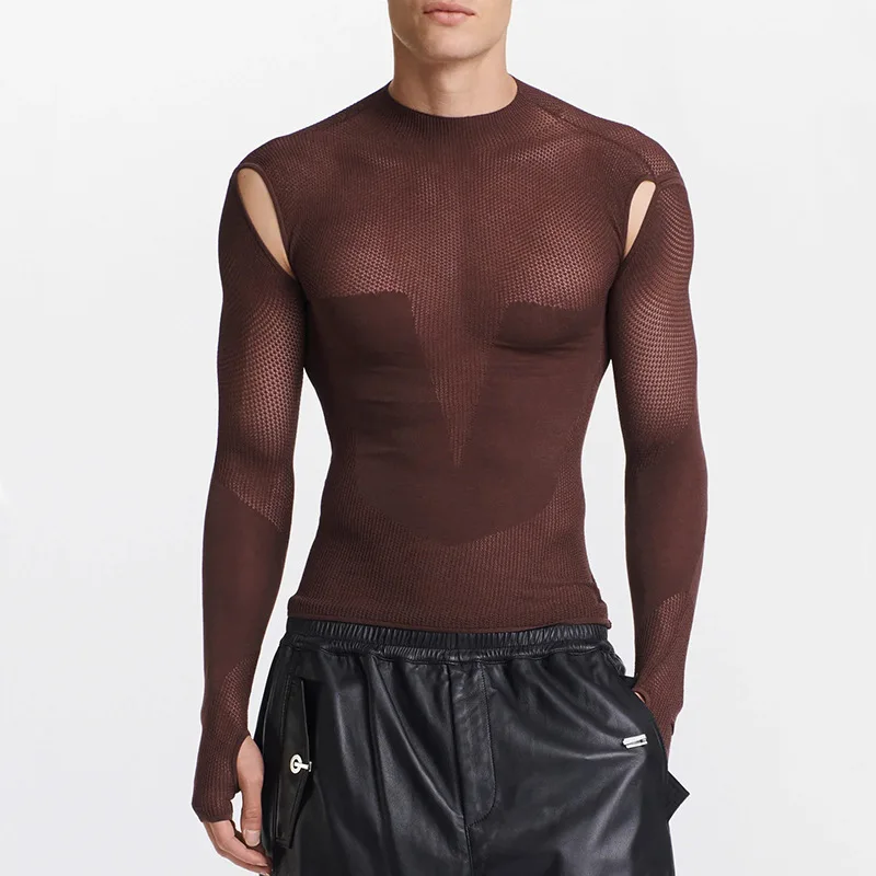 

Модный прозрачный пуловер с длинным рукавом и круглым вырезом, свитер, мужской однотонный джемпер, соблазнительные облегающие рубашки с вы...