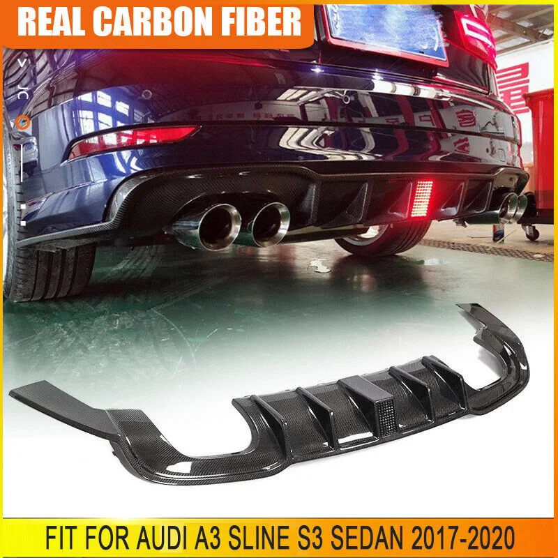 

For Audi A3 Sline S3 Sedan 17-20 Carbon Fiber Rear Bumper Diffuser Lip W/Light