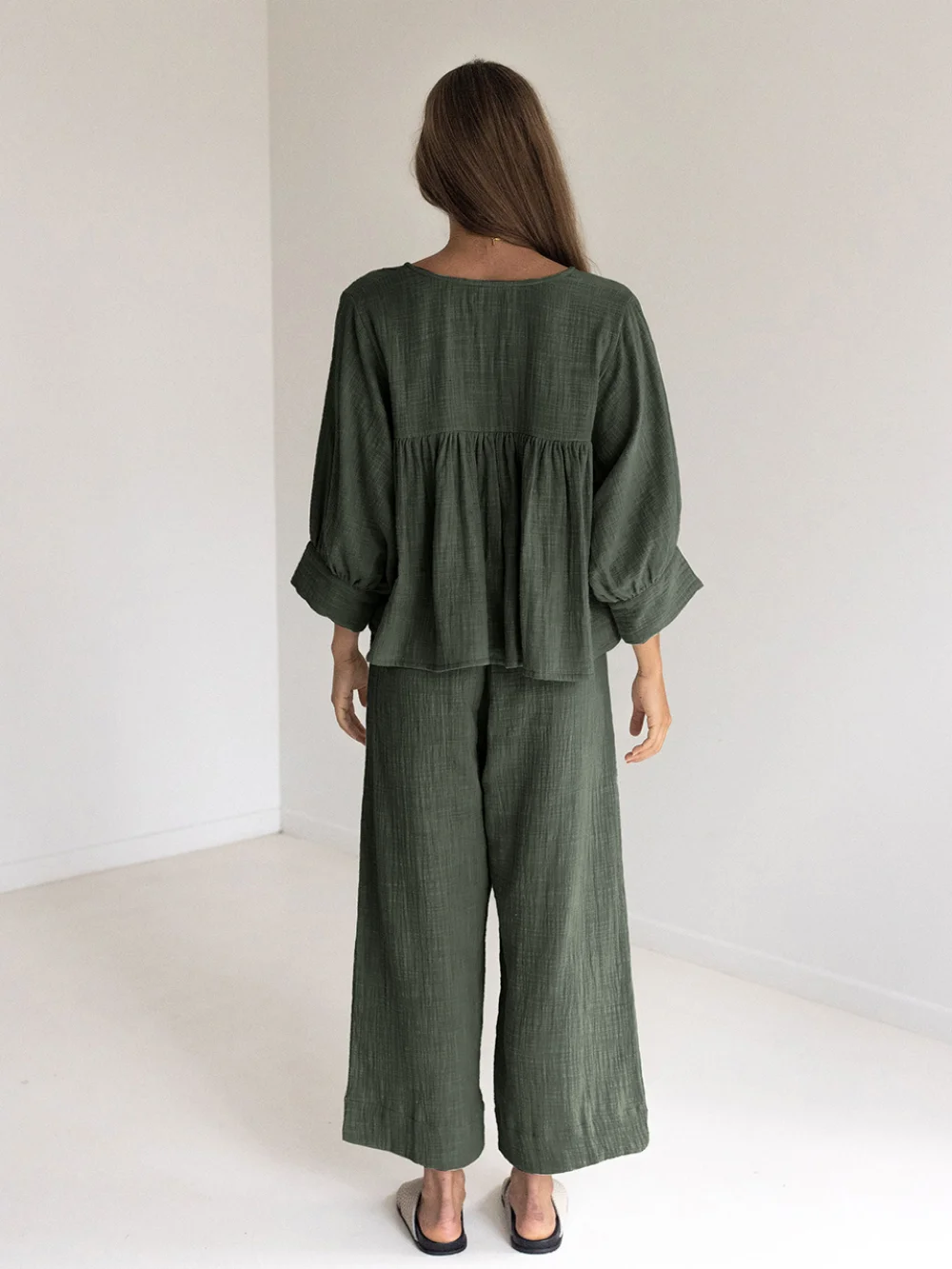 Pijamas Cotton 2 Piece Sets Women's Nightwear Three Quarter Sleeve V Neck Lace Up Pajamas Loose Trouser Suits Female Sleepwear