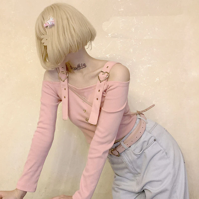 

Y2k Style Girl Embroidery Letter Ctop Sweet Pink T-shirts Goth Female Strap Buckle Off Shoulder Short T Shirt 2022 Korean Top