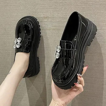 Slip On Flat Shoes Women Plus Size Loafers Thick Soled Loafers With Diamond Round Head Retro British Leather Shoes Zapatos 1