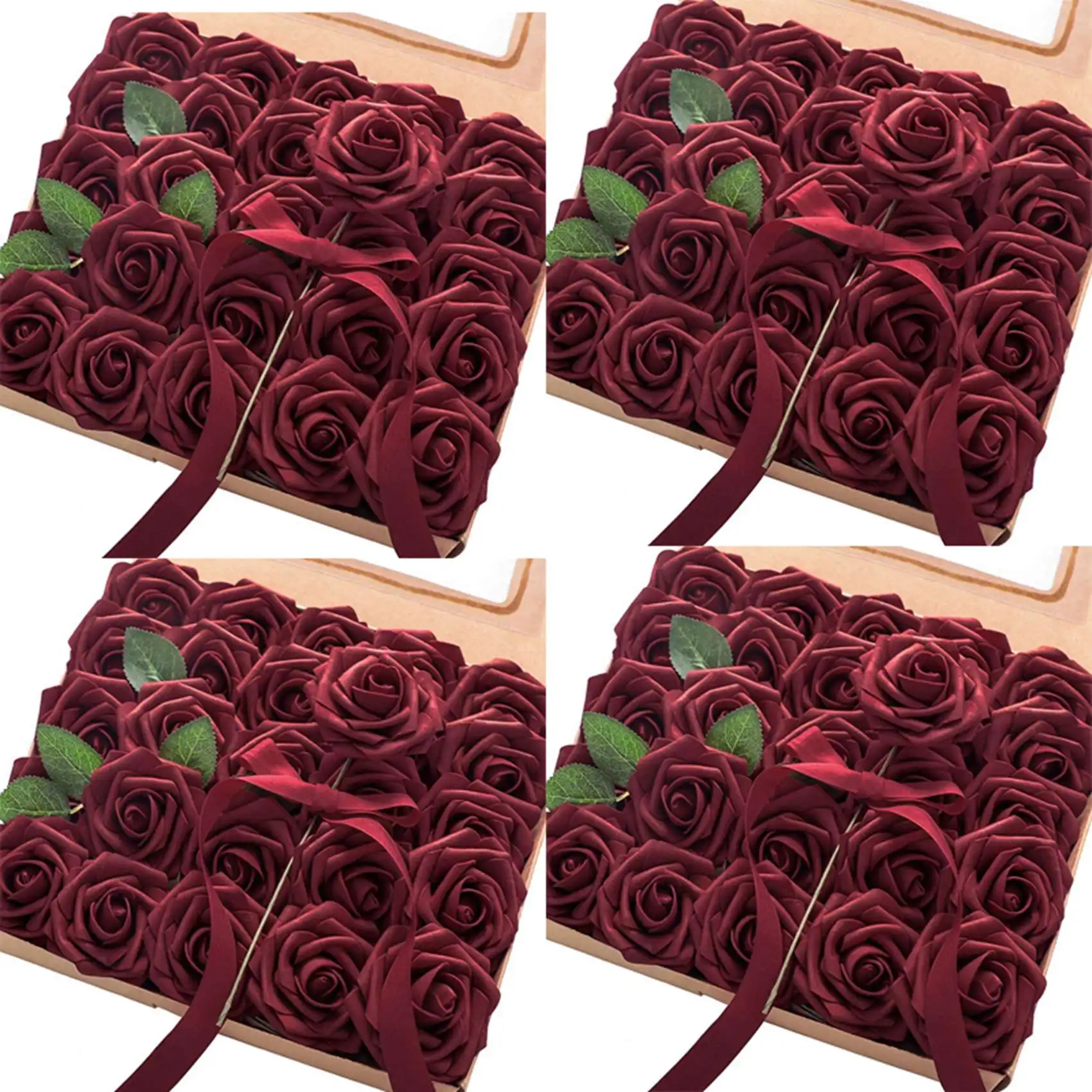 

Artificial Flowers 100Pcs Real Looking Burgundy Fake Roses with Stems for DIY Wedding Bouquets Red Bridal Shower