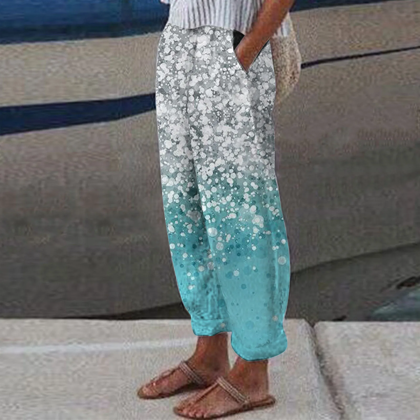 High Waist Cotton Linen Wide Leg Pants for Women Boho Floral Printed Beach Trousers Casual Pockets Loose Straight Harem Pants