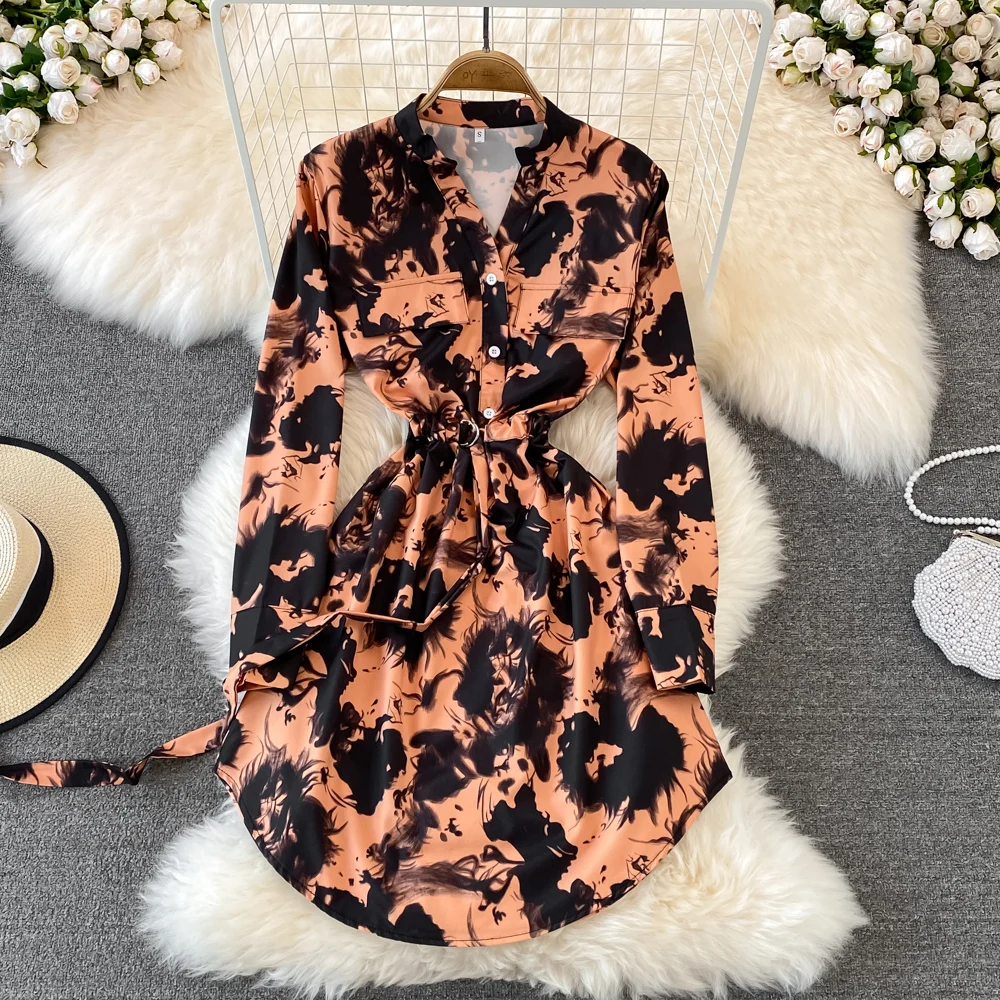 

Платье-рубашка средней длины с поясом и длинным рукавом, модная Асимметричная однобортная юбка с принтом чернил и V-образным вырезом, весна