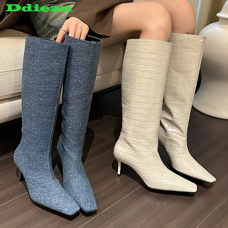 

Джинсовые осенние Современные Сапоги До Колена Для Женщин, туфли-лодочки, женские длинные сапоги в западном стиле без шнуровки, женская обувь с острым носком, новый каблук