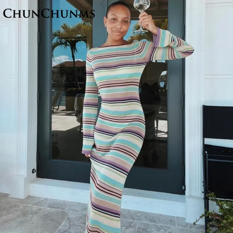

Autumn Stripe Print Elegant Backless Long Dress For Women Casual Party Robes Vacation Outfits 2022 Street Maxi Dresses Vestidos