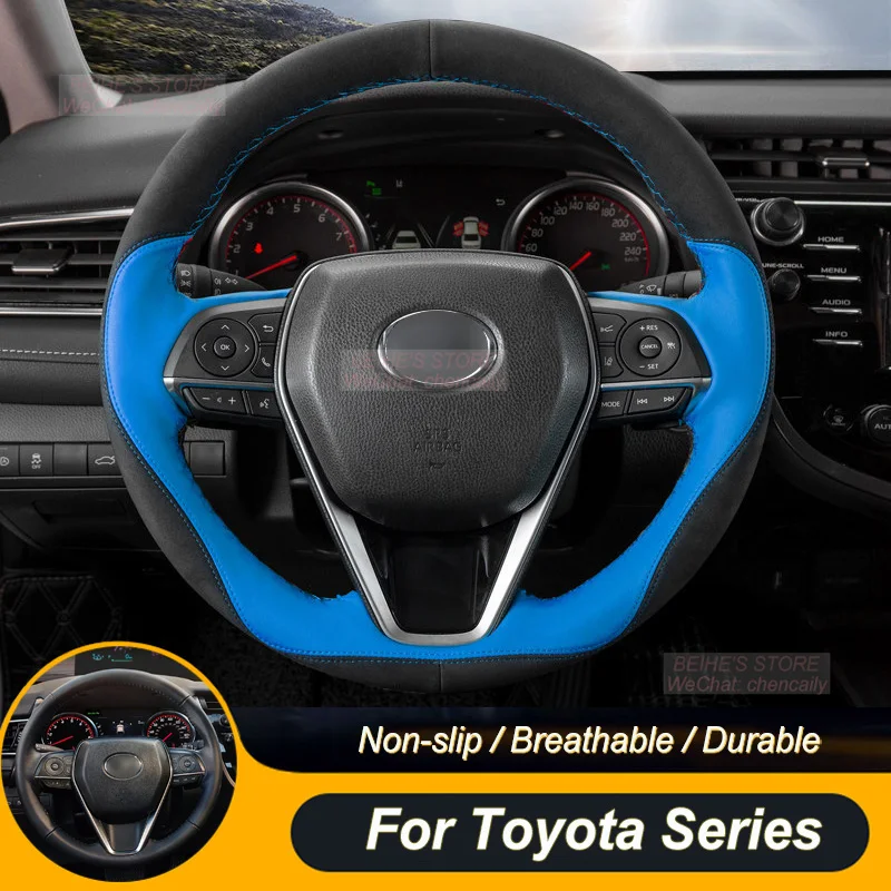 Customized Non-slip Durabl Black Suede Blue Leather Car Steering Wheel Cover For Toyota Camry Avalon Highlander RAV4 Corolla