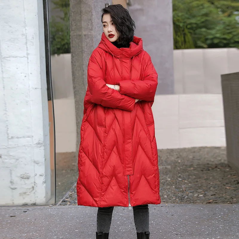 Women Down Coat 2022 Literary Loose Long Over-the-Knee Winter Hooded White Duck Down Jacket Warm Outwear
