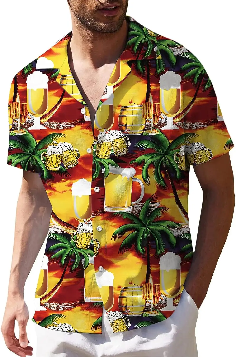 

MeiLen Trendy Coconut Beer Print Short Sleeve Men's Hawaiian Shirt Summer Tropical Holiday Beach Party Shirt