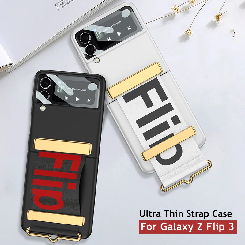 

Strap Case For Samsung Galaxy Z Flip 3 5G Wristband Ultra Thin Phone Cover Lens Glass Protection Slim Flip Stand Case