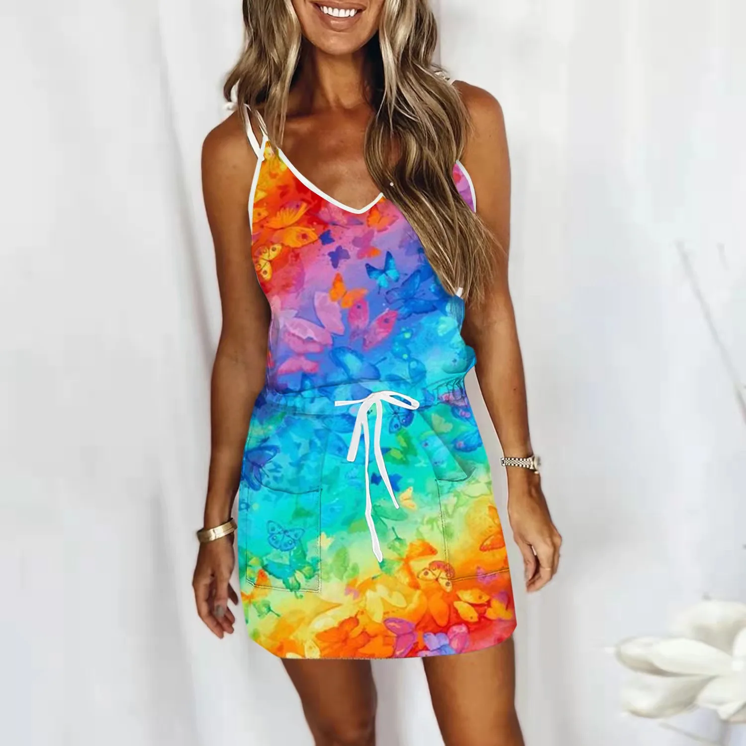 

Sexy Women Mini Skirts Halter Pleated Slim Strapped Print Mini Dress