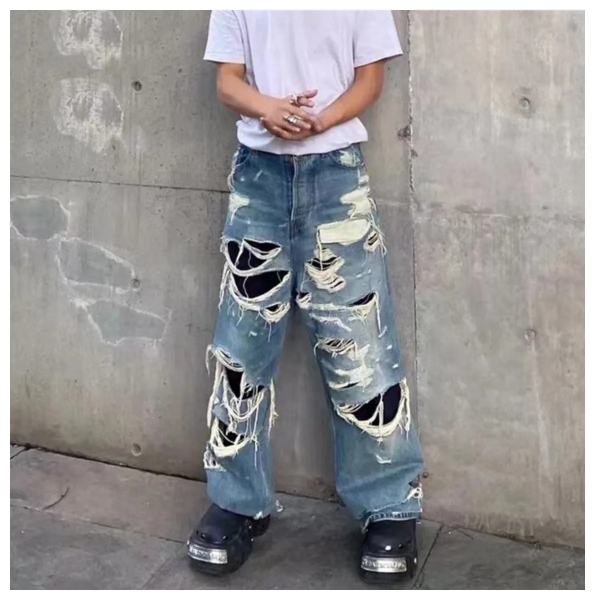 American Style Streetwear Washed Torn Jeans For Men And Women's Street Hip-Hop Loose Wide Leg Straight Leg Pants Fashion Style