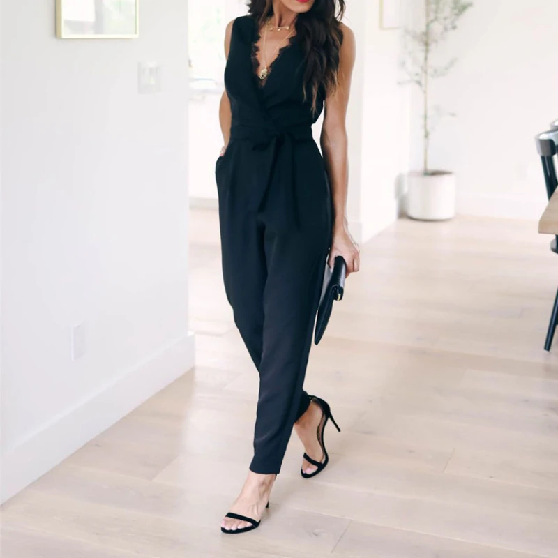 Women Solid Bandage Casual Jumpsuits 2023 Summer Fashion Lace Sleeveless V-neck Pocket Long Pants Rompers Black Jumpsuit Female
