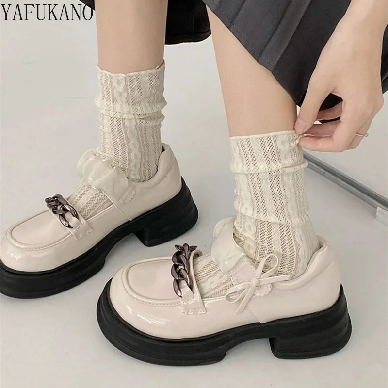 

Japanese JK Uniform Thick Sole Platform Small Leather Shoes Metal Chain Decor Women Pumps French Mary Jane Shoes Role Playing