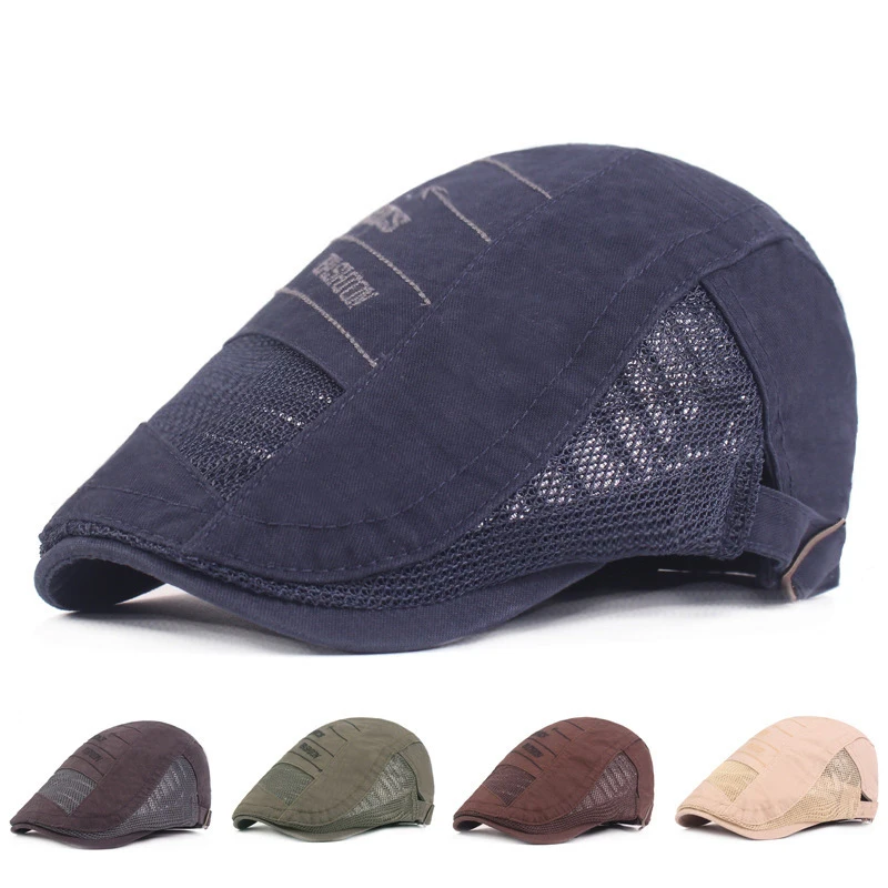 2022 Navy Blue Men's Beret Cap Summer Mesh Patchwork Women's Hat Outdoor Vacation Breathable British Golf Caps Adjustable Bailey