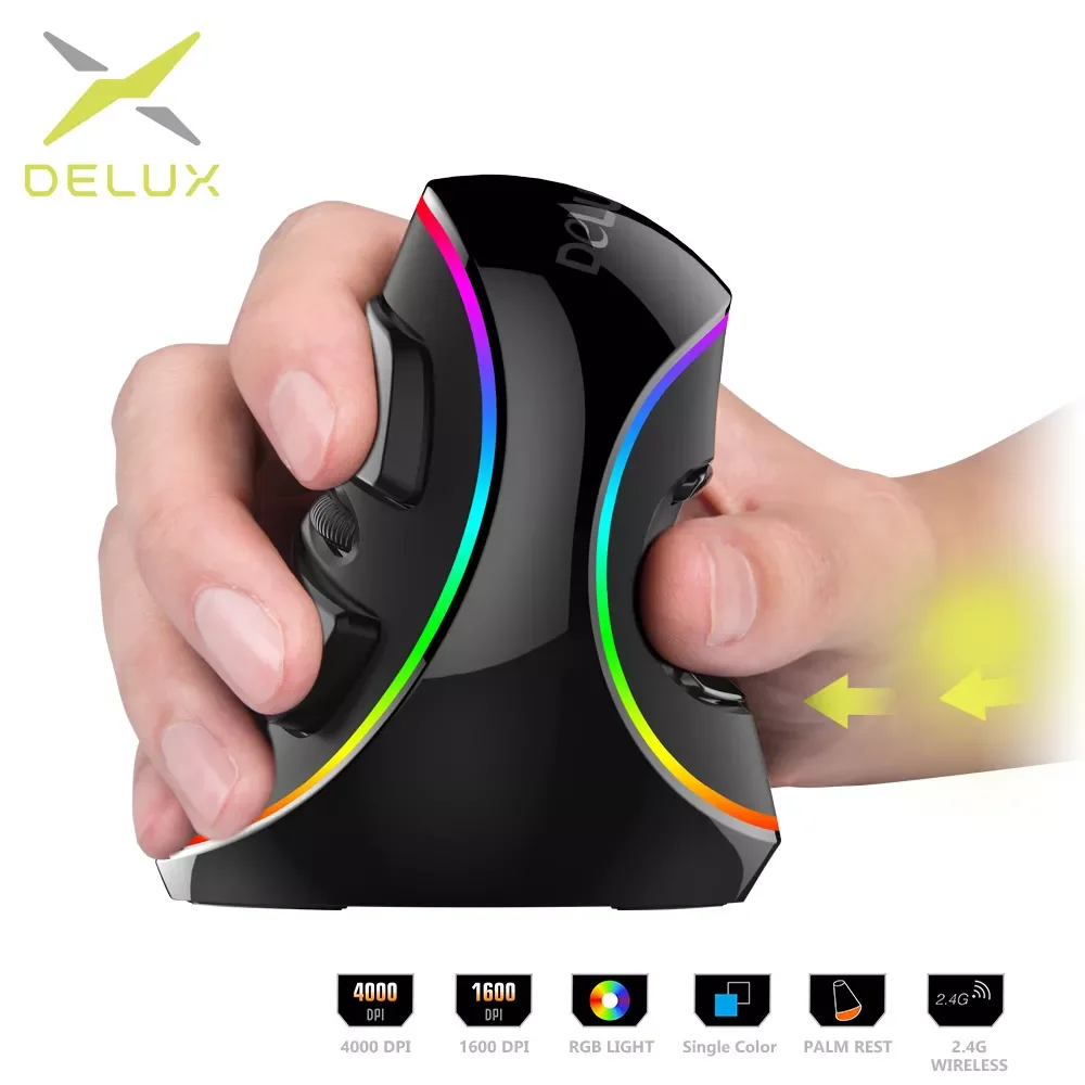 Мышь Вертикальная игровая Delux M618 PLUS, 6 кнопок, 4000 DPI, RGB