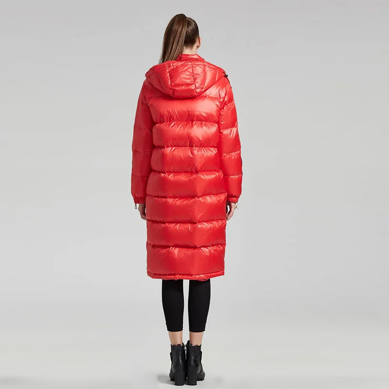 Down Jacket Women's 2022 Winter New Mid-Length Hooded Parkas Glossy Large Size Loose Thick Casual Warm 90 White Duck Down Coats