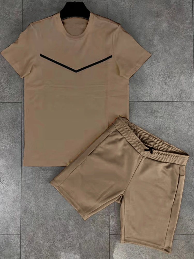 

2022 Summer Fashion Streetwear O-Neck Tops And Drawstring Shorts Outfits Sports Casual Men Tracksuit Solid Slim Two Piece Sets