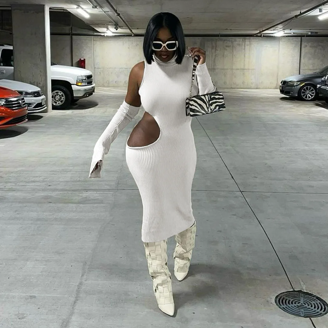 

Женское Бандажное платье с длинным рукавом, белое ажурное платье миди с круглым вырезом для вечерние, 2022