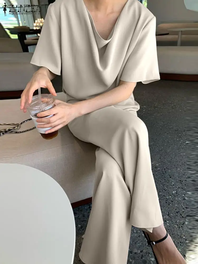 

Women Fashion Tops And Wide Leg Pant ZANZEA Elegant Solid Blouse Suits 2022 Summer Short Sleeve 2PCS Casual Sexy Maxi Tracksuits