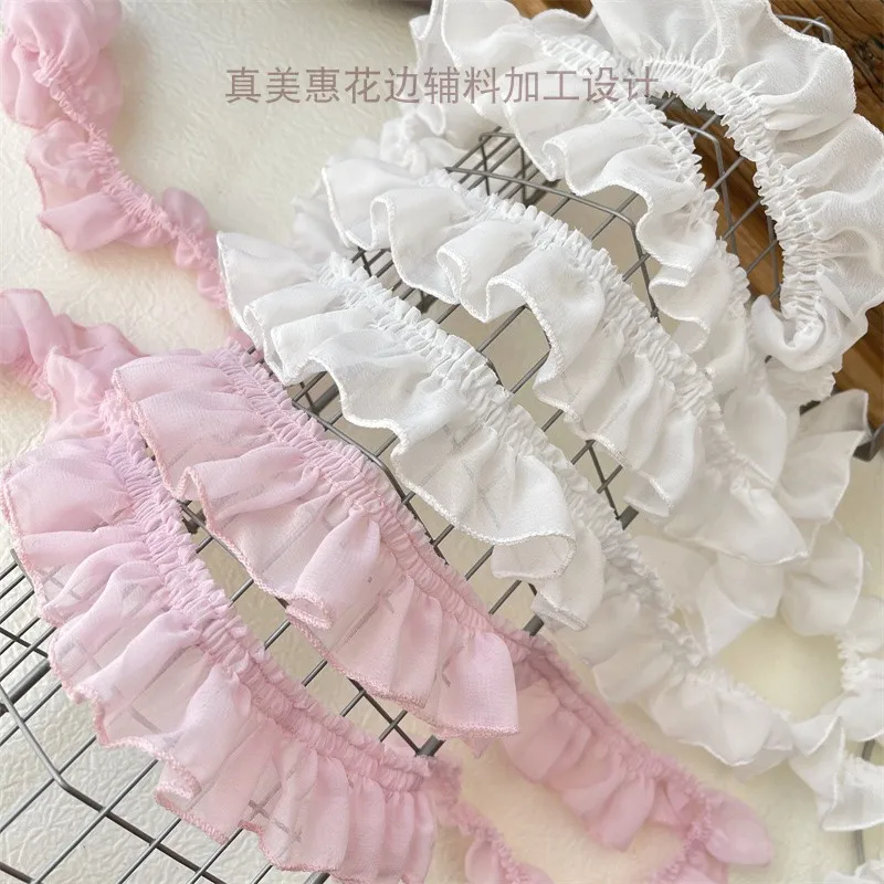 

4CM Wide White Pink Chiffon Pleated Needlework Ruffles Trim Lace Fabric Neckline Cuffs Pets Clothes Apparel Skirt Sewing Decor